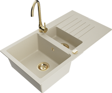 Mexen Matias évier en granit 1,5 bac avec égouttoir et robinet de cuisine Telma, beige - 6502-69-670200-50