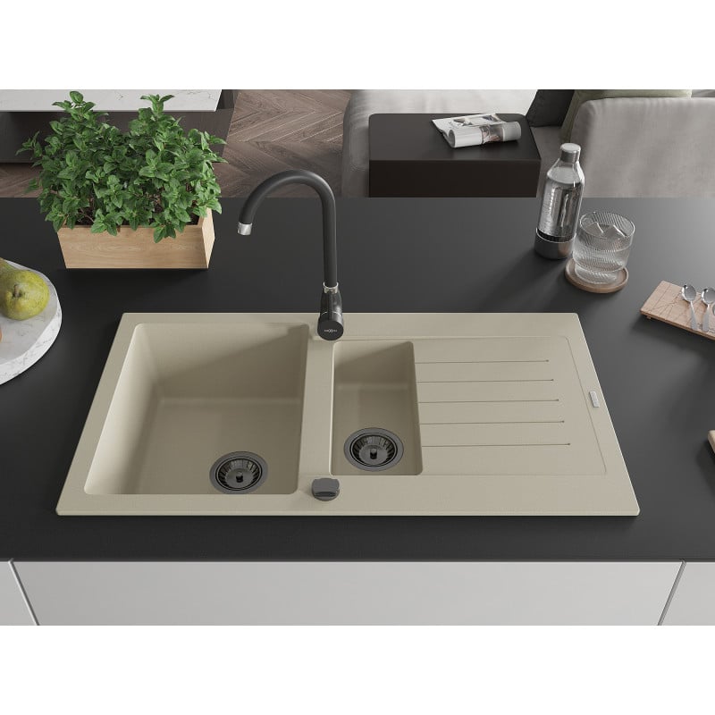 Mexen Matias évier en granit 1,5 bac avec égouttoir et robinet de cuisine Telma, beige - 6502-69-670200-70