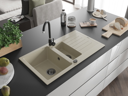 Mexen Matias évier en granit 1,5 bac avec égouttoir et robinet de cuisine Telma, beige - 6502-69-670200-70