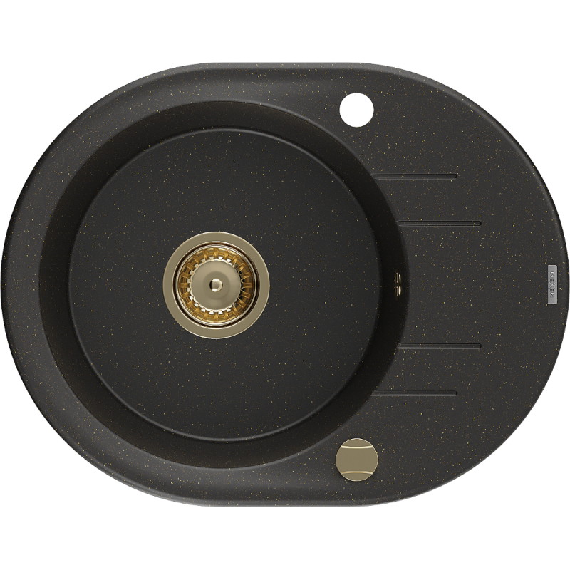 Mexen Kevin évier en granit à 1 bac avec égouttoir 586 x 458 mm, noir/or métallique, siphon doré - 6517581005-75-G