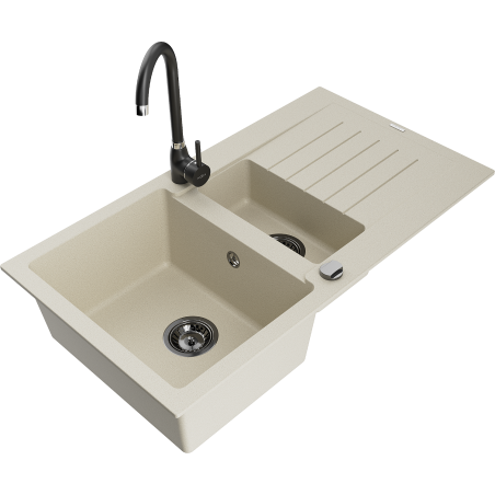 Mexen Matias évier en granit 1,5 bac avec égouttoir et robinet de cuisine Telma, beige - 6502-69-670200-70