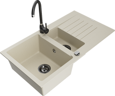 Mexen Matias évier en granit 1,5 bac avec égouttoir et robinet de cuisine Telma, beige - 6502-69-670200-70