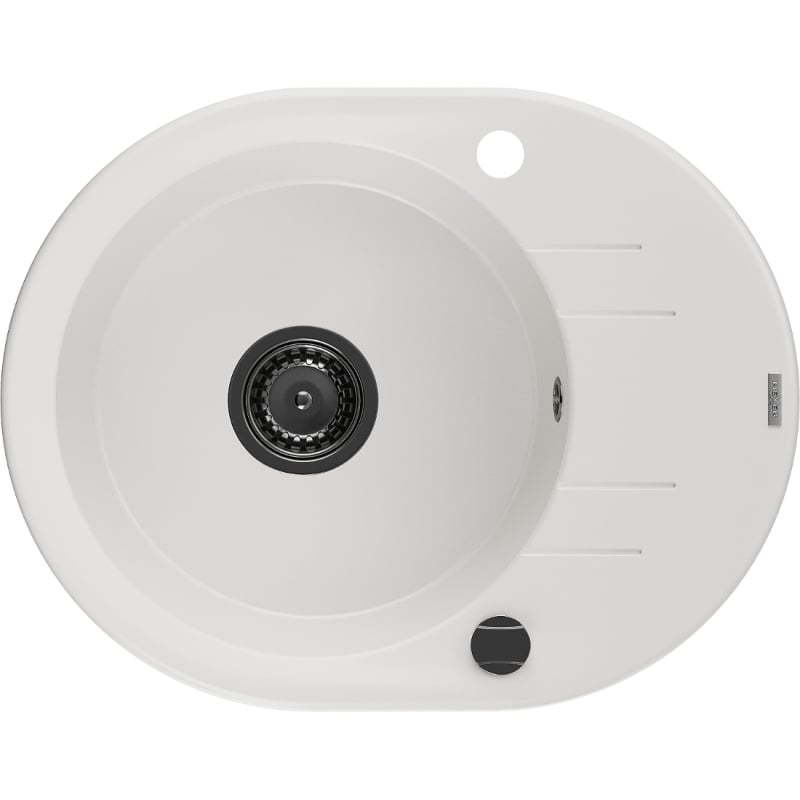 Mexen Kevin Évier en granit 1 bac avec égouttoir 586 x 458 mm, blanc, siphon noir - 6517581005-20-B