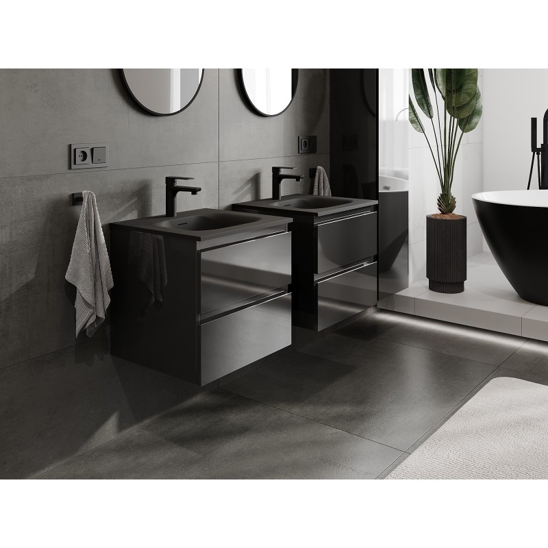 Mexen Orio armoire de salle de bain 50 cm avec lavabo Vela, 2 tiroirs, noir brillant/noir mat - 91A10-05047-2-BFF70-W23M71