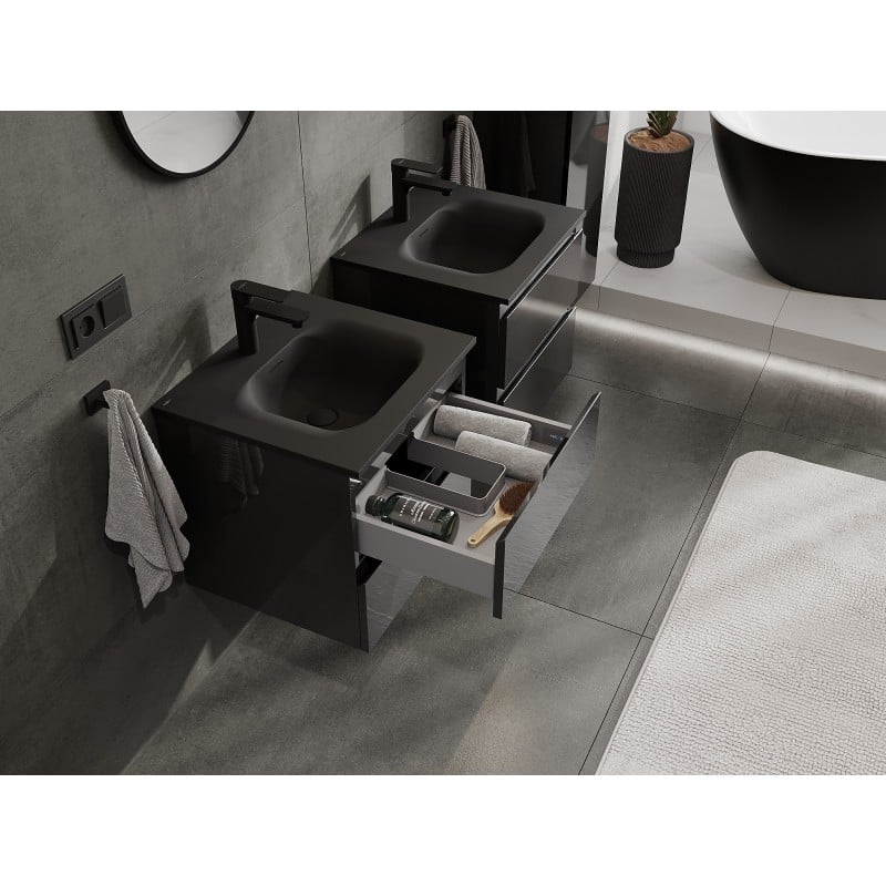 Mexen Orio armoire de salle de bain 50 cm avec lavabo Vela, 2 tiroirs, noir brillant/noir mat - 91A10-05047-2-BFF70-W23M71