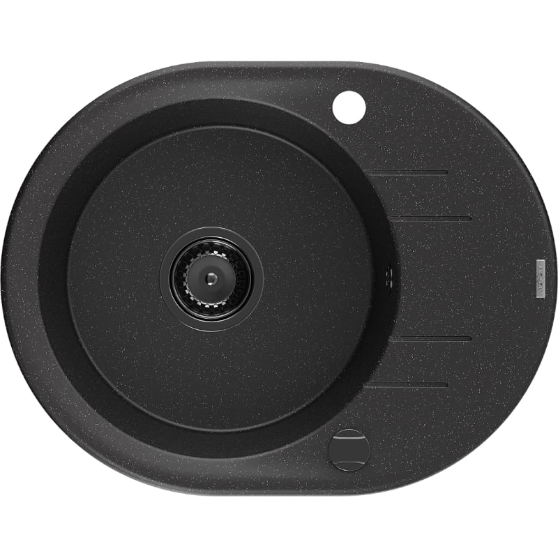 Mexen Kevin Évier en granit à 1 bac avec égouttoir 586 x 458 mm, noir/argent métal, siphon noir - 6517581005-73-B