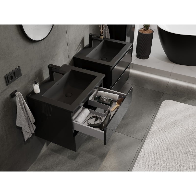 Mexen Orio armoire de salle de bain 60 cm avec lavabo Otis, 2 tiroirs, noir brillant/noir mat - 91A10-06047-2-BFF70-W18M71