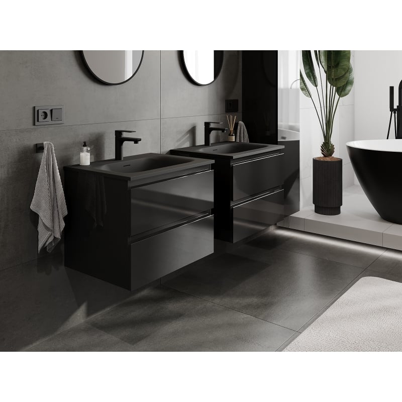Mexen Orio meuble de salle de bain 60 cm avec lavabo Vela, 2 tiroirs, noir brillant/noir mat - 91A10-06047-2-BFF70-W23M71