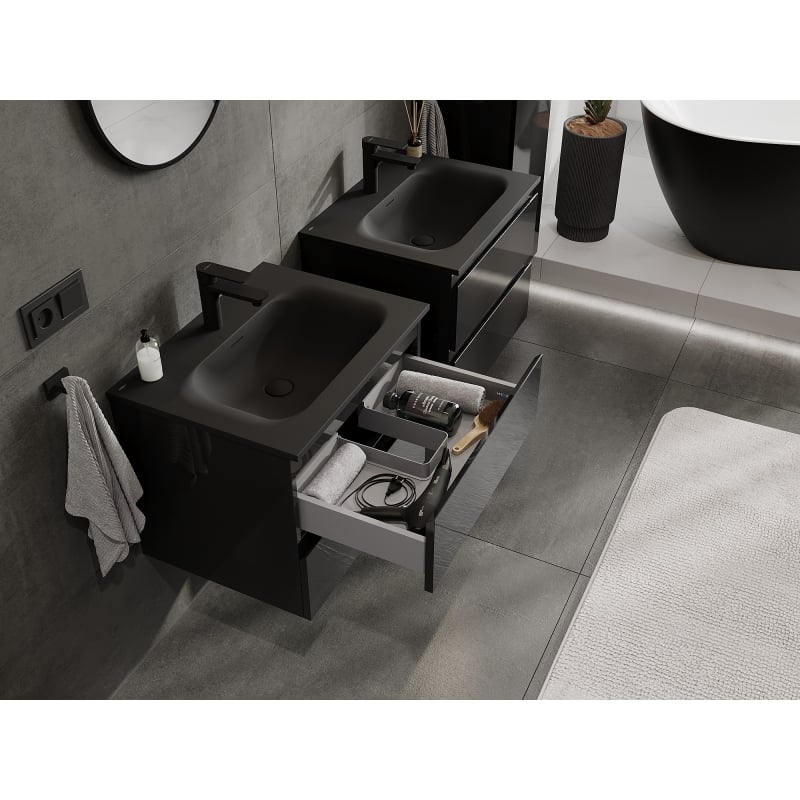 Mexen Orio meuble de salle de bain 60 cm avec lavabo Vela, 2 tiroirs, noir brillant/noir mat - 91A10-06047-2-BFF70-W23M71