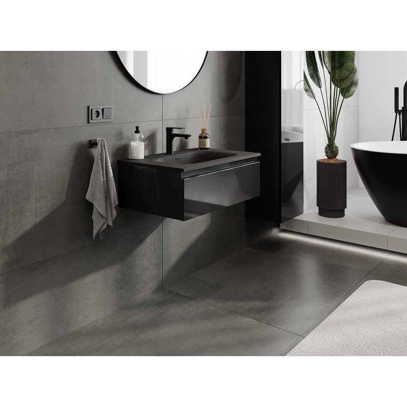 Mexen Orio meuble de salle de bains 70 cm avec lavabo Vela, 1 tiroir, noir brillant/noir mat - 91A10-07023-1-BF70-W23M71
