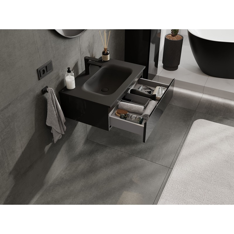 Mexen Orio meuble de salle de bains 70 cm avec lavabo Vela, 1 tiroir, noir brillant/noir mat - 91A10-07023-1-BF70-W23M71