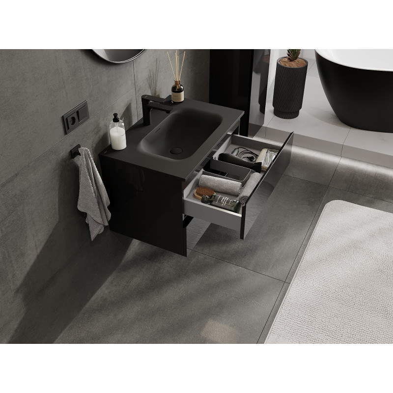 Mexen Orio armoire de salle de bain 70 cm avec lavabo Vela, 2 tiroirs, noir brillant/noir mat - 91A10-07047-2-BFF70-W23M71
