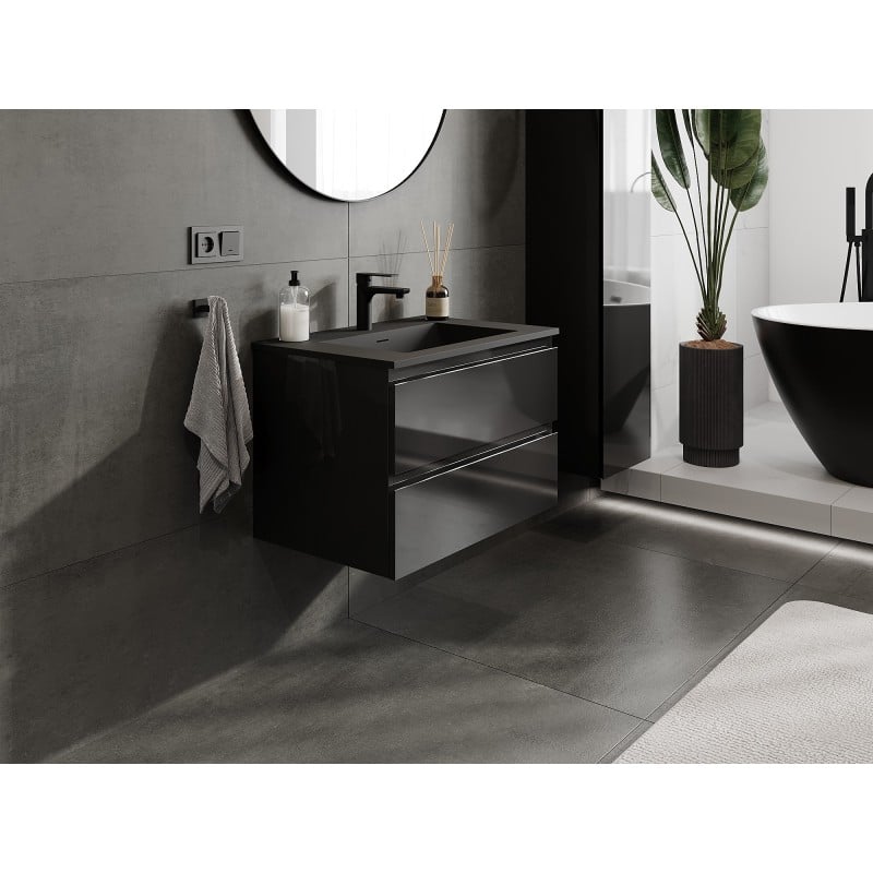 Mexen Orio meuble de salle de bain 70 cm avec lavabo Otis, 2 tiroirs, noir brillant/noir mat - 91A10-07047-2-BFF70-W18M71