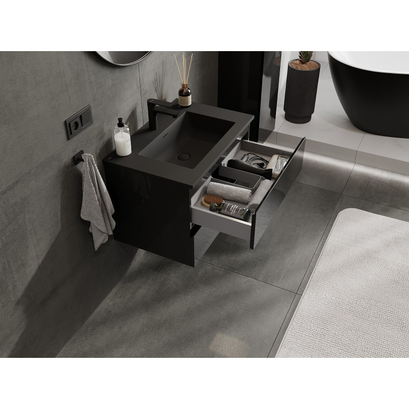 Mexen Orio armoire salle de bain 70 cm avec lavabo Otis, 2 tiroirs, noir brillant/noir mat - 91A10-07047-2-BFF70-W18M71