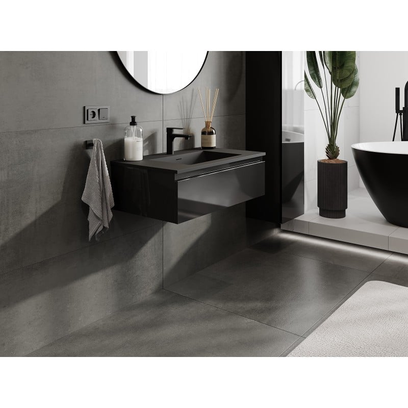 Mexen Orio meuble de salle de bains 80 cm avec lavabo Otis, 1 tiroir, noir brillant/noir mat - 91A10-08023-1-BF70-W18M71