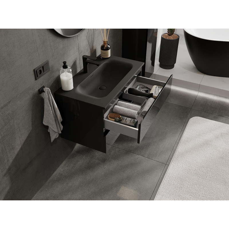 Mexen Orio armoire de salle de bains 80 cm avec lavabo Vela, 2 tiroirs, noir brillant/noir mat - 91A10-08047-2-BFF70-W23M71