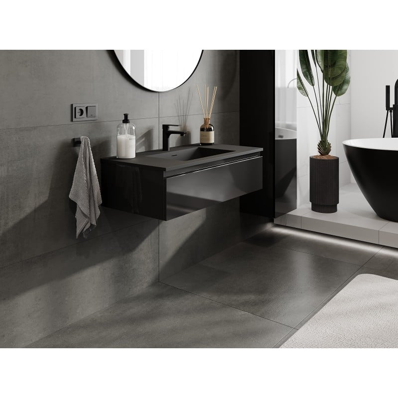 Mexen Orio meuble de salle de bain 90 cm avec lavabo Otis, 1 tiroir, noir brillant/noir mat - 91A10-09023-1-BF70-W18M71