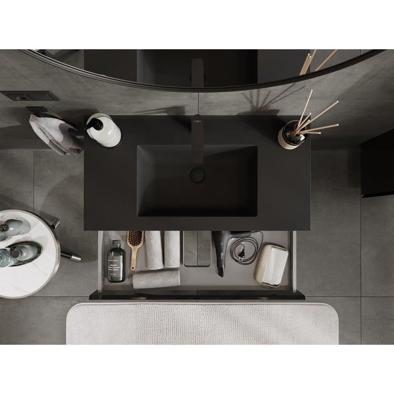 Mexen Orio meuble de salle de bain 90 cm avec lavabo Otis, 1 tiroir, noir brillant/noir mat - 91A10-09023-1-BF70-W18M71