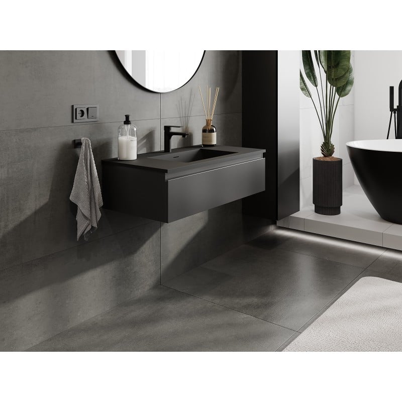 Mexen Orio armoire de salle de bain 90 cm avec lavabo Otis, 1 tiroir, noir mat - 91A10-09023-1-BF71-W18M71