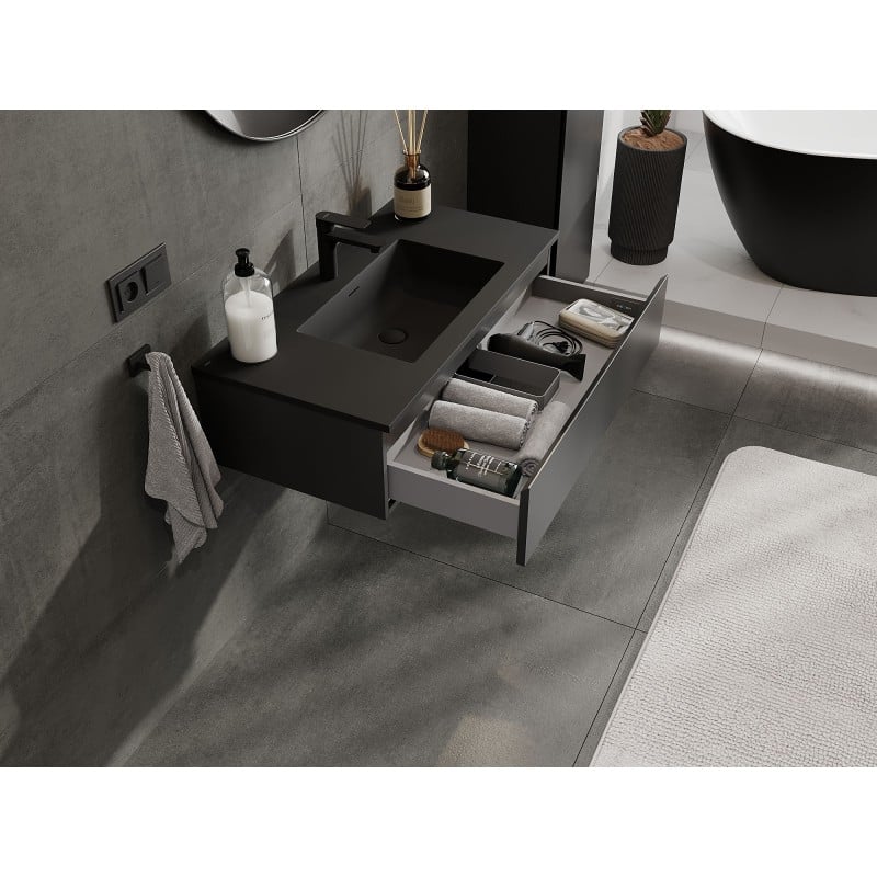 Mexen Orio armoire de salle de bain 90 cm avec lavabo Otis, 1 tiroir, noir mat - 91A10-09023-1-BF71-W18M71