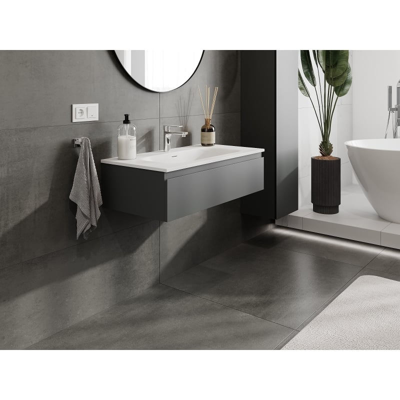 Mexen Orio armoire de salle de bains 90 cm avec lavabo Vela, 1 tiroir, graphite mat/blanc mat - 91A10-09023-1-BF66-W23M01