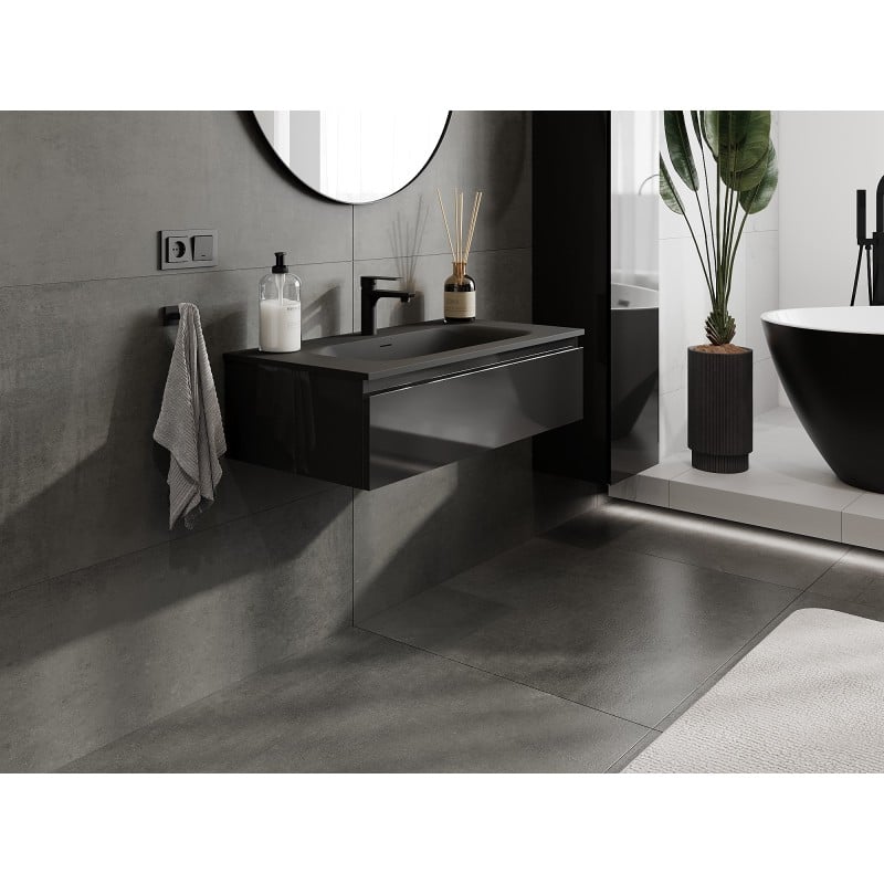 Mexen Orio meuble de salle de bain 90 cm avec lavabo Vela, 1 tiroir, noir brillant/noir mat - 91A10-09023-1-BF70-W23M71
