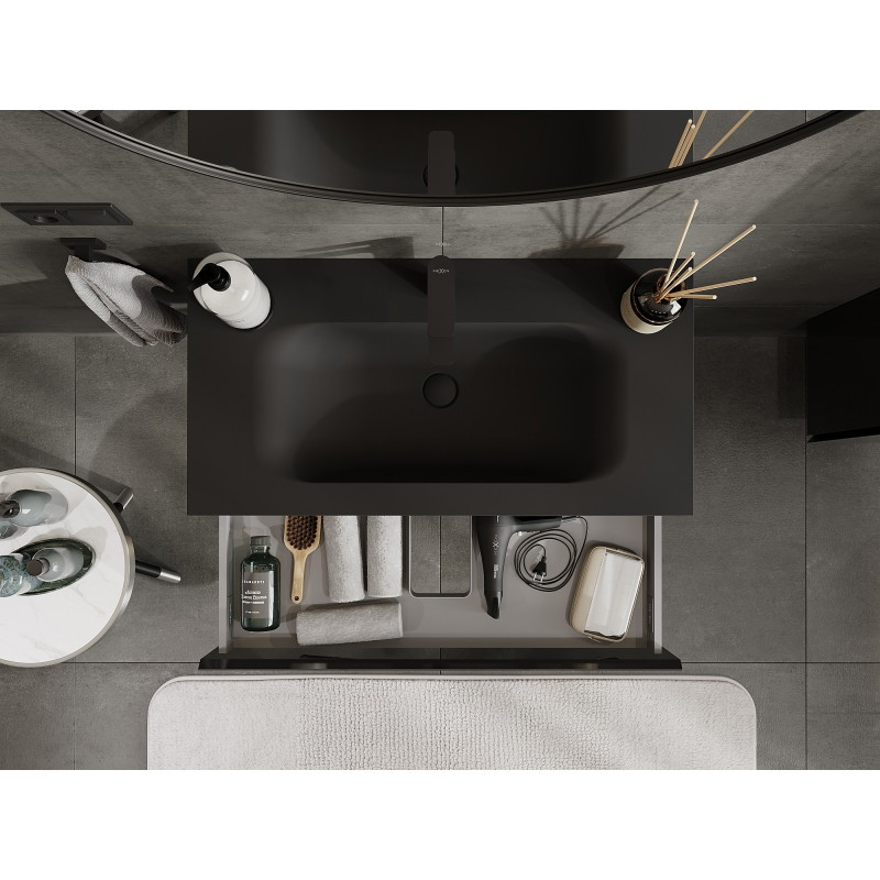 Mexen Orio Armoire de salle de bain 90 cm avec lavabo Vela, 1 tiroir, noir brillant/noir mat - 91A10-09023-1-BF70-W23M71
