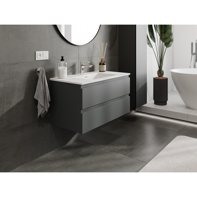 Mexen Orio Armoire de salle de bains 90 cm avec lavabo Otis, 2 tiroirs, graphite mat/blanc mat - 91A10-09047-2-BFF66-W18M01