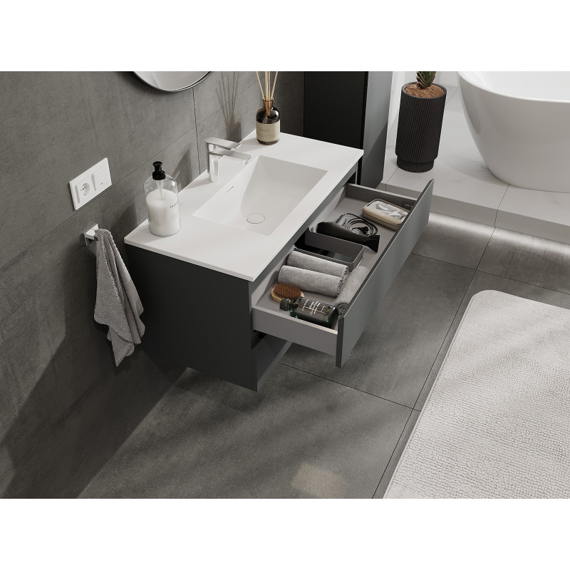 Mexen Orio Armoire de salle de bains 90 cm avec lavabo Otis, 2 tiroirs, graphite mat/blanc mat - 91A10-09047-2-BFF66-W18M01