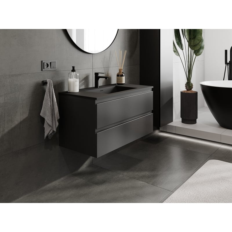 Mexen Orio armoire de salle de bain 90 cm avec lavabo Otis, 2 tiroirs, noir mat - 91A10-09047-2-BFF71-W18M71