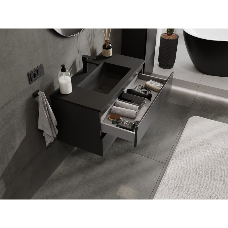 Mexen Orio armoire de salle de bain 90 cm avec lavabo Otis, 2 tiroirs, noir mat - 91A10-09047-2-BFF71-W18M71