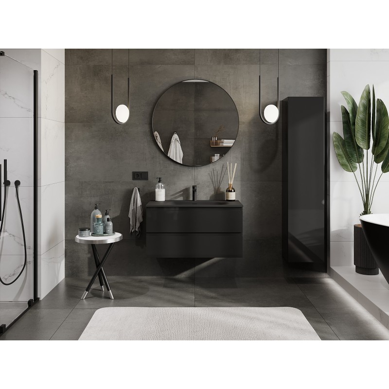 Mexen Orio armoire de salle de bain 90 cm avec lavabo Vela, 2 tiroirs, noir brillant/noir mat - 91A10-09047-2-BFF70-W23M71