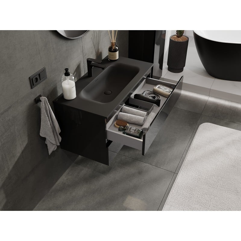 Mexen Orio armoire de salle de bain 90 cm avec lavabo Vela, 2 tiroirs, noir brillant/noir mat - 91A10-09047-2-BFF70-W23M71
