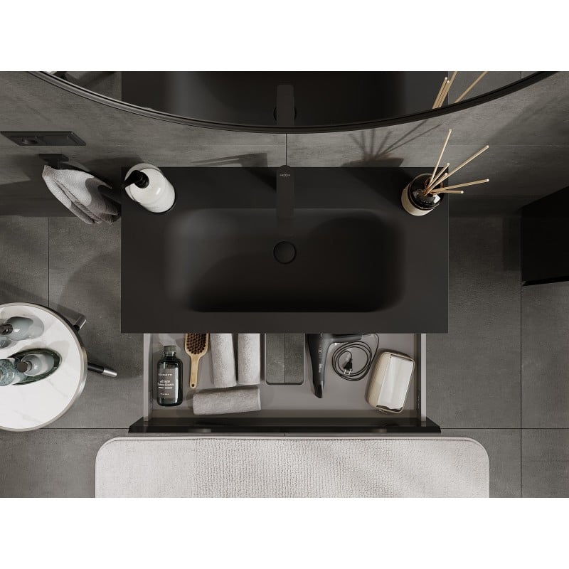Mexen Orio armoire de salle de bain 90 cm avec lavabo Vela, 2 tiroirs, noir brillant/noir mat - 91A10-09047-2-BFF70-W23M71