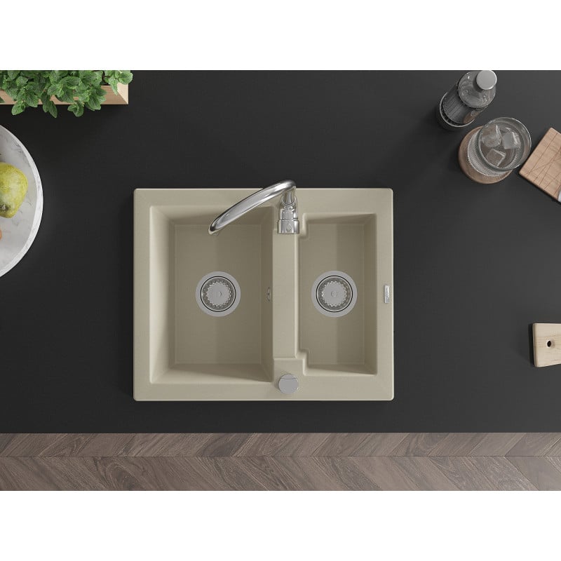 Mexen Carlos évier en granit 1,5 bac 582 x 475 mm, beige, siphon chromé - 6518581500-69
