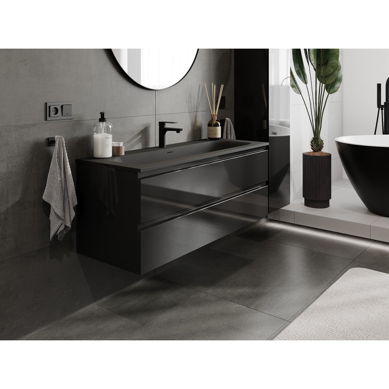 Mexen Orio armoire de salle de bain 120 cm avec lavabo Vela, 2 tiroirs, noir brillant/noir mat - 91A10-12047-2-BFF70-W23M71