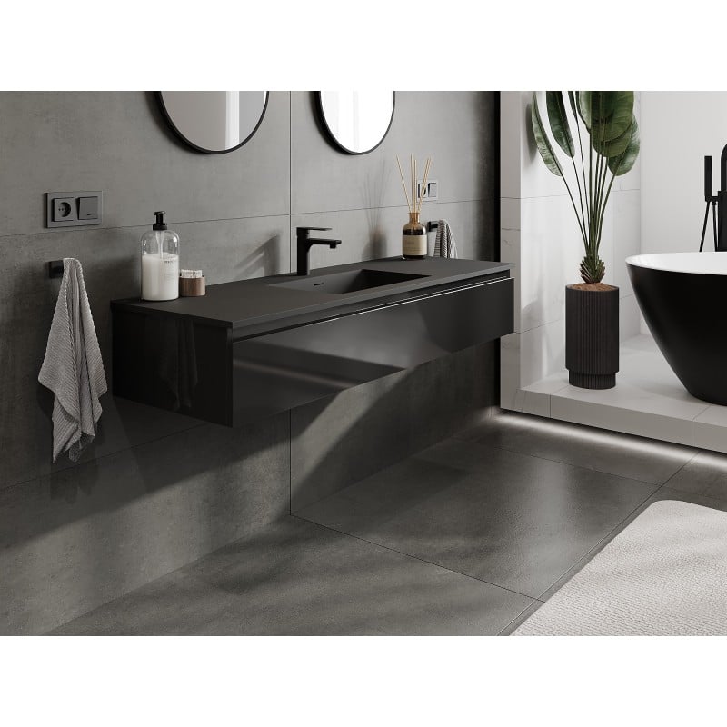 Mexen Orio meuble de salle de bain 140 cm avec lavabo Otis, 1 tiroir, noir brillant/noir mat - 91A10-14023-1-BF70-W18M71