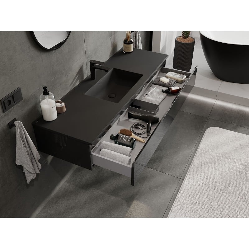 Mexen Orio meuble de salle de bain 140 cm avec lavabo Otis, 1 tiroir, noir brillant/noir mat - 91A10-14023-1-BF70-W18M71