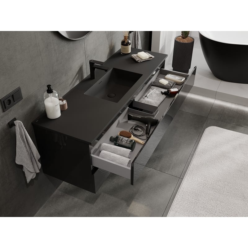 Mexen Orio meuble de salle de bain 140 cm avec lavabo Otis, 2 tiroirs, noir brillant/noir mat - 91A10-14047-2-BFF70-W18M71