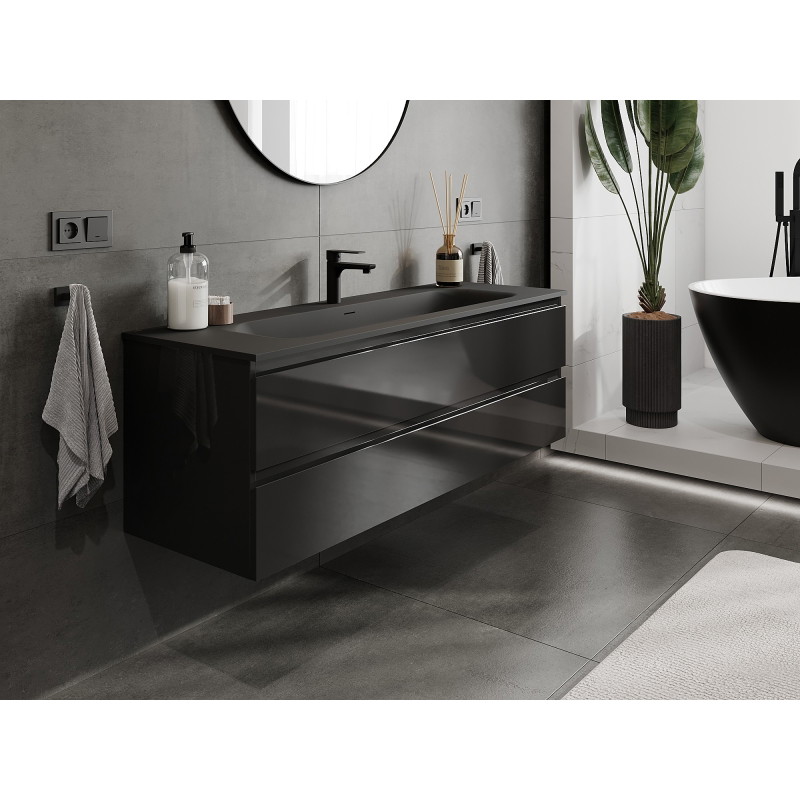 Mexen Orio armoire de salle de bain 140 cm avec lavabo Vela, 2 tiroirs, noir brillant/noir mat - 91A10-14047-2-BFF70-W23M71