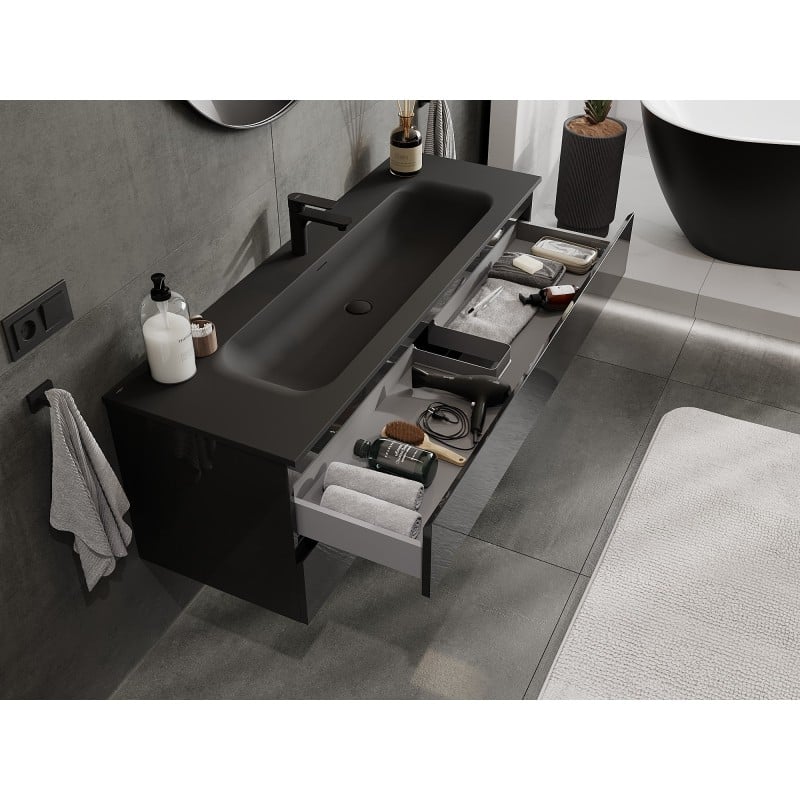 Mexen Orio meuble de salle de bains 140 cm avec lavabo Vela, 2 tiroirs, noir brillant/noir mat - 91A10-14047-2-BFF70-W23M71