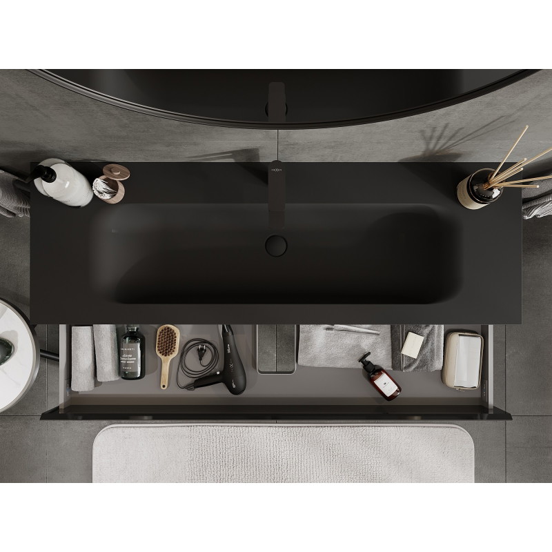 Mexen Orio armoire de salle de bain 140 cm avec lavabo Vela, 2 tiroirs, noir brillant/noir mat - 91A10-14047-2-BFF70-W23M71
