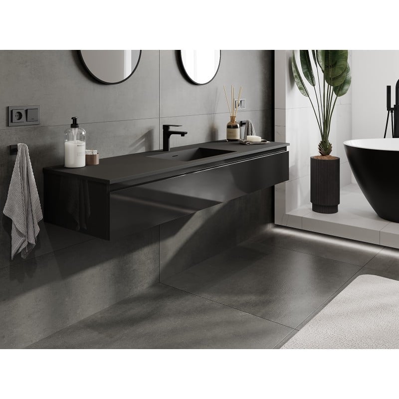 Mexen Orio meuble de salle de bain 160 cm avec lavabo Otis, 1 tiroir, noir brillant/noir mat - 91A10-16023-1-BF70-W18M71