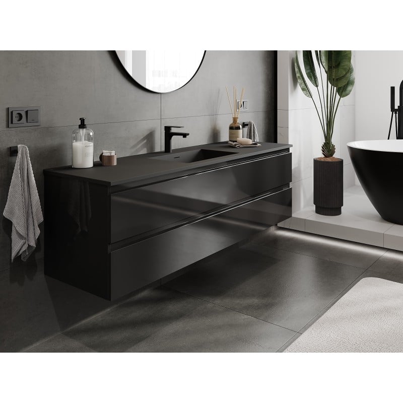 Mexen Orio meuble de salle de bain 160 cm avec lavabo Otis, 2 tiroirs, noir brillant/noir mat - 91A10-16047-2-BFF70-W18M71