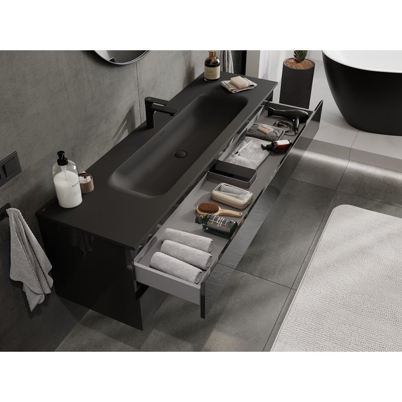 Mexen Orio meuble de salle de bain 160 cm avec lavabo Vela, 2 tiroirs, noir brillant/noir mat - 91A10-16047-2-BFF70-W23M71