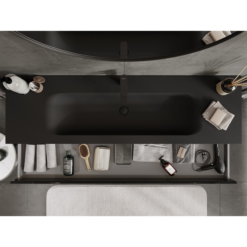 Mexen Orio meuble de salle de bain 160 cm avec lavabo Vela, 2 tiroirs, brillant noir/mat noir - 91A10-16047-2-BFF70-W23M71
