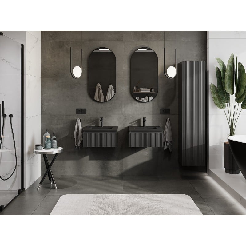 Mexen Rivel meuble de salle de bain 50 cm avec lavabo Otis, 1 tiroir, rainuré, noir mat - 91A20-05023-1-BF71-W18M71