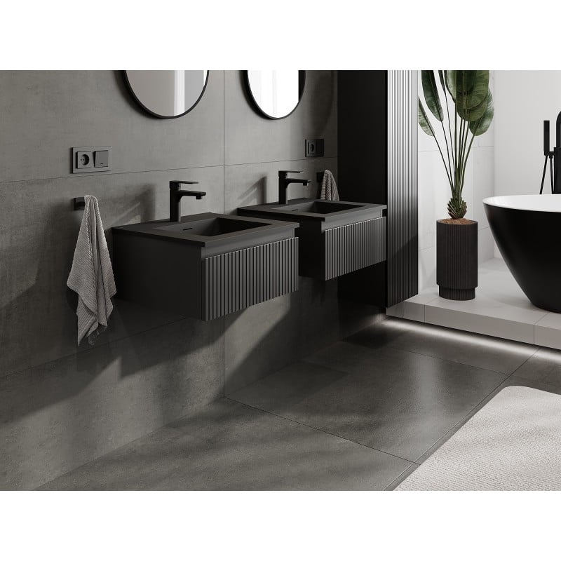 Mexen Rivel meuble de salle de bain 50 cm avec lavabo Otis, 1 tiroir, rainuré, noir mat - 91A20-05023-1-BF71-W18M71