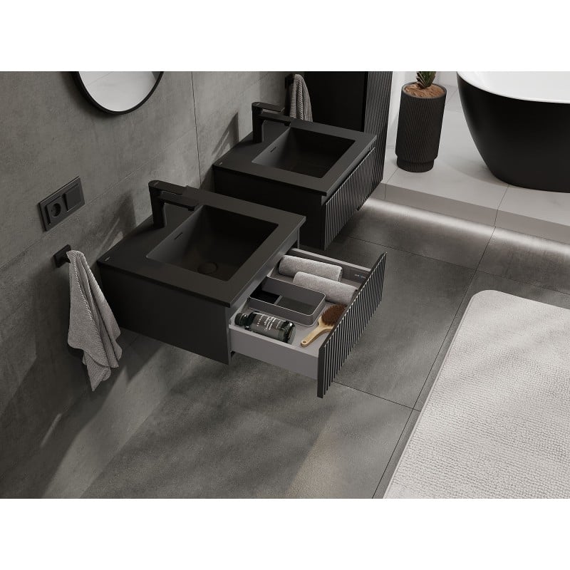 Mexen Rivel meuble de salle de bain 50 cm avec lavabo Otis, 1 tiroir, rainuré, noir mat - 91A20-05023-1-BF71-W18M71