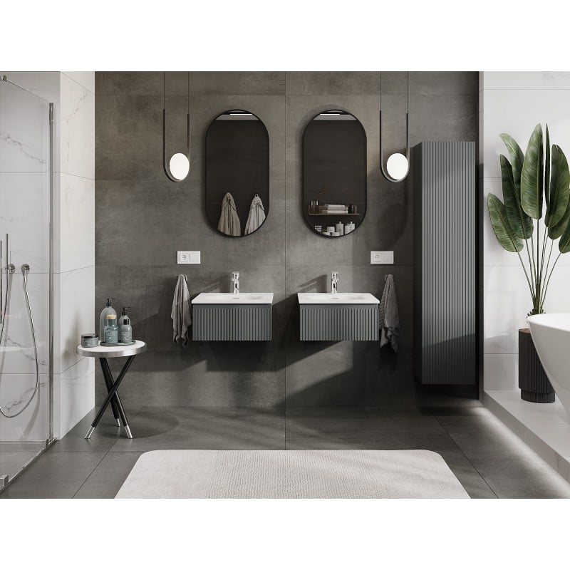 Mexen Rivel meuble de salle de bain 50 cm avec lavabo Vela, 1 tiroir, cannelé, graphite mat/blanc mat